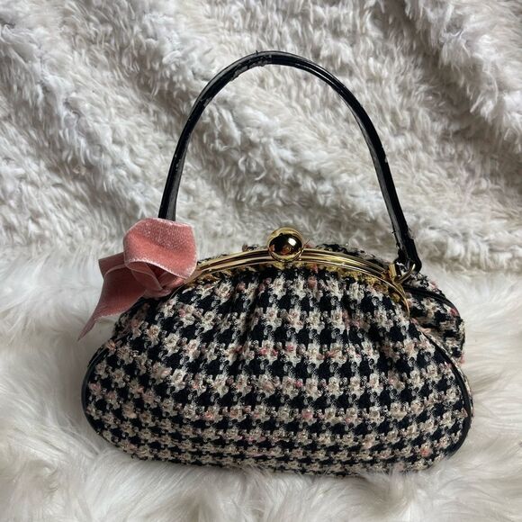 Glenda Gies mini Satchel black,ivory ,pink & gold fabr black strap gold frame. - Picture 4 of 16